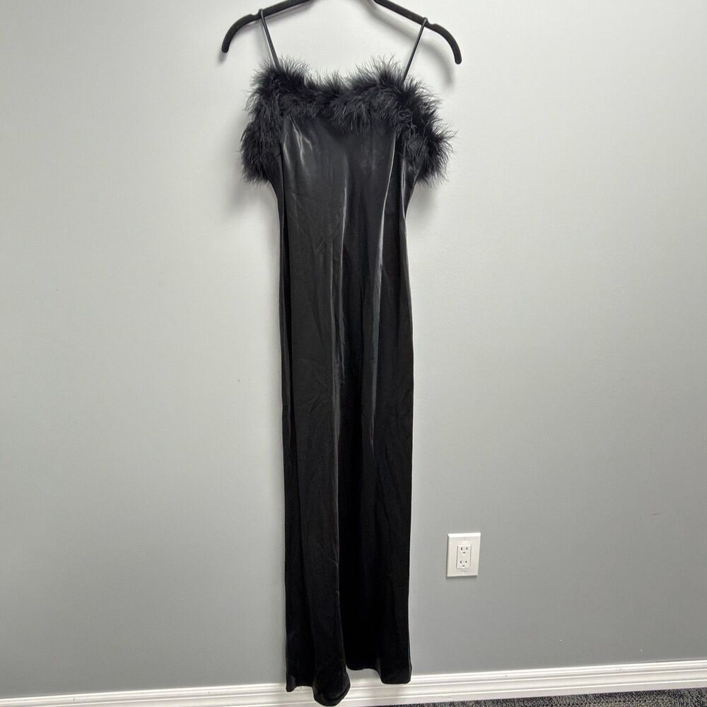 Vintage 90s Roberta Feather Trim Satin Column Black Formal Dress Sz 7/8